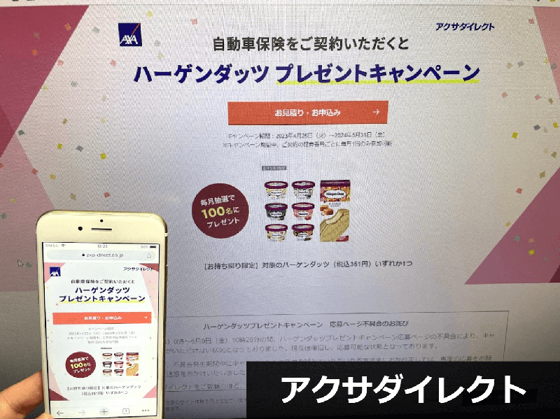 アクサダイレクト公式サイトの自動車保険プレゼントキャンペーンのスクリーンショット画像